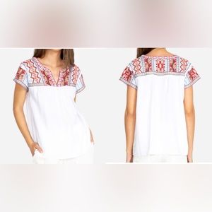 Johnny Was Ezra V-neck Crop Embroidery 100% Linen Blouse white Sz:S